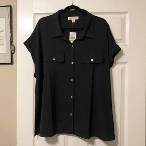 Michael Kors Plus Size Blouse Size 3X | NWT $98 | Black Top w/ MK Gold Buttons